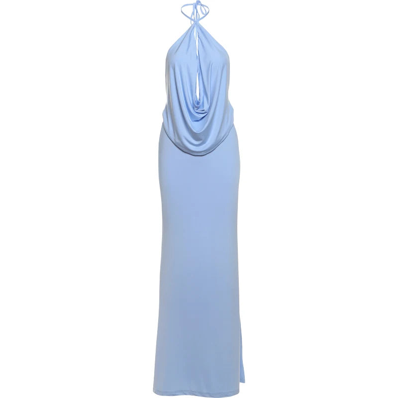 Weird Puss Sexy Backless Maxi Dress Women Halter Ruched Hollow Sleeveless Robe Vacation Fashion Beach Party Elegant Vestidos