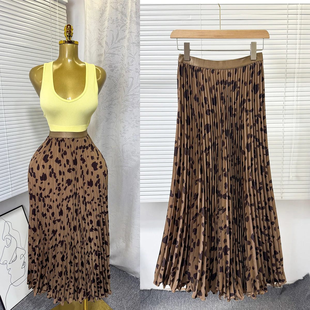 Floral Ruffle A Line Midi Skirt with Elastic Waist for Women