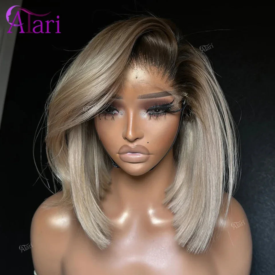 Full Lace Straight Bob Wig With Brown Roots For Women