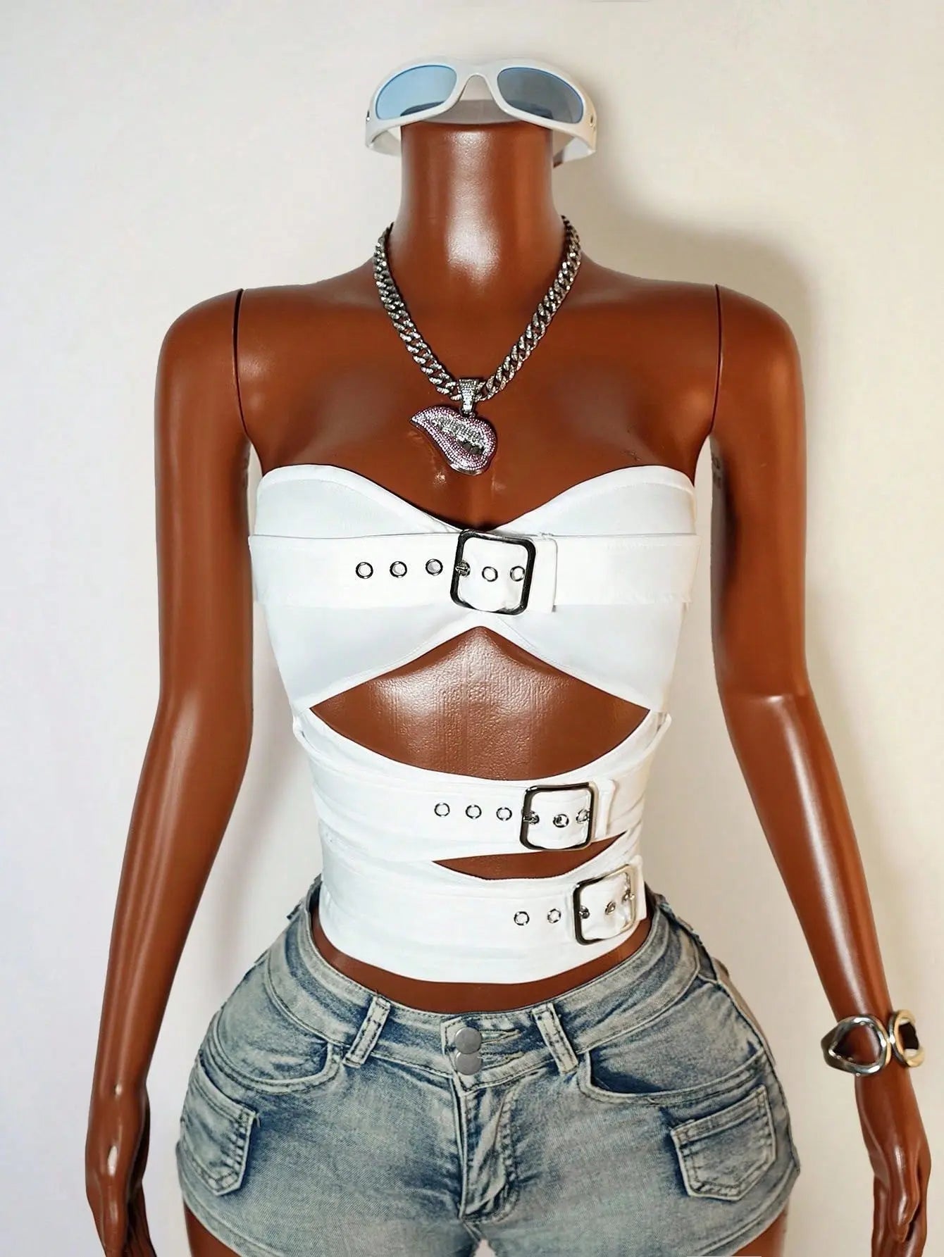 White Strapless Cutout Buckle Streetwear Crop Top for Women