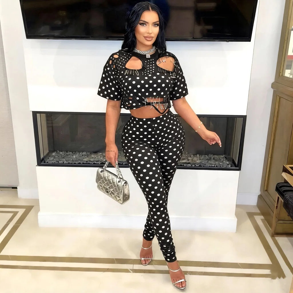 Casual Short Sleeve Hollow Out Two-Piece Tracksuit for Women