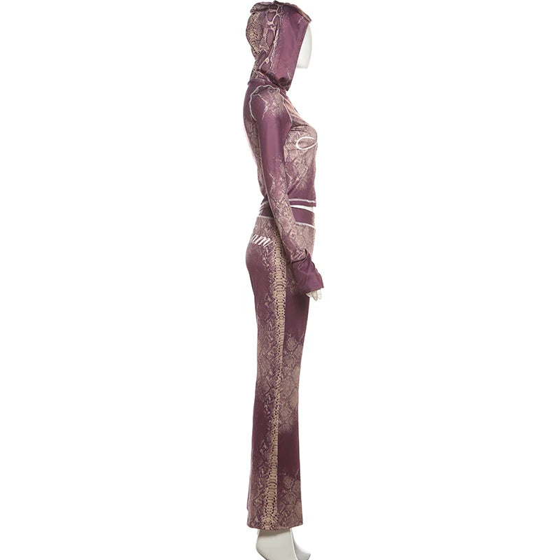 Snake Print Zip Jacket and Pants Two Piece Set for Women