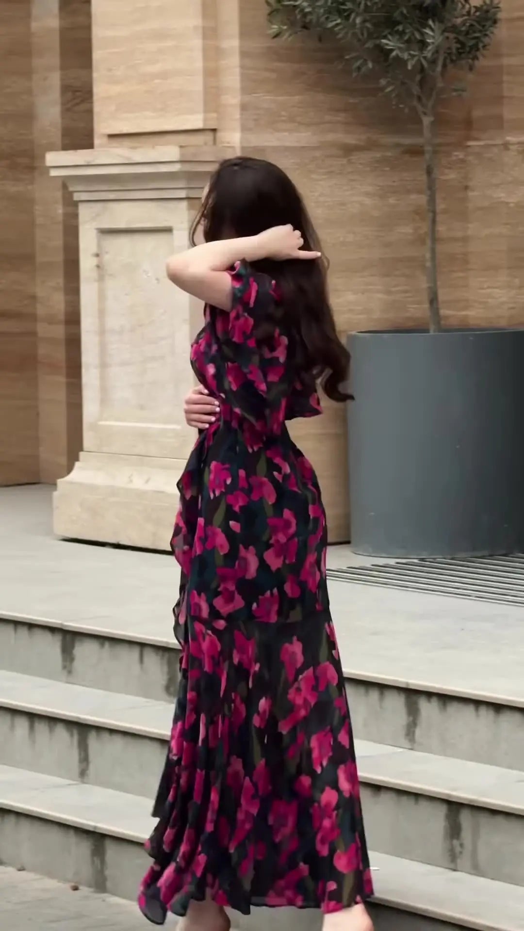 V Neck Floral Print Short Sleeve Ankle Length Dress for Women