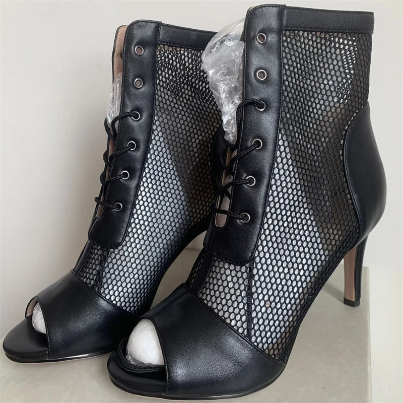 Black And White Mesh Peep Toe Heels