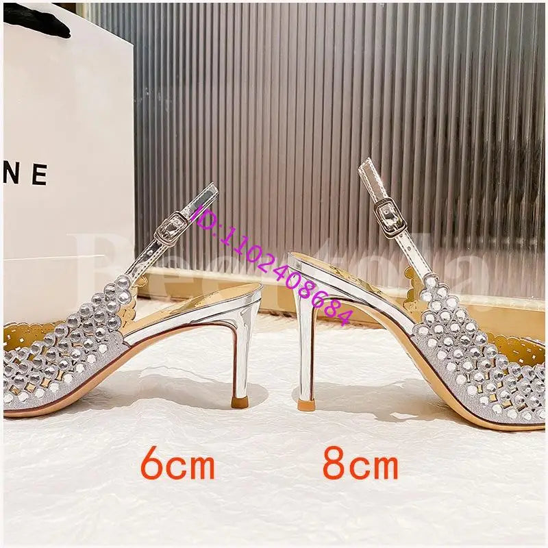 New Rhinestones Woman Sandals Diamond Pointed Toe Shallow Thin High Heels Back Strap Stilettos Female Wedding Bride Sandals