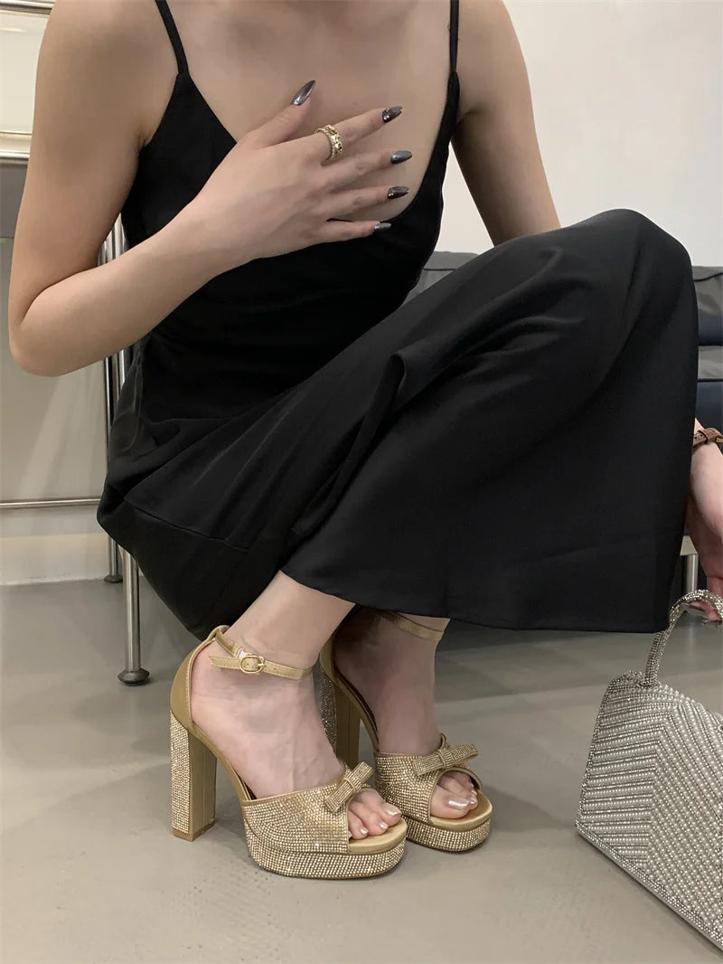Crystal Bowknot Open Toe Platform Sandals for Women