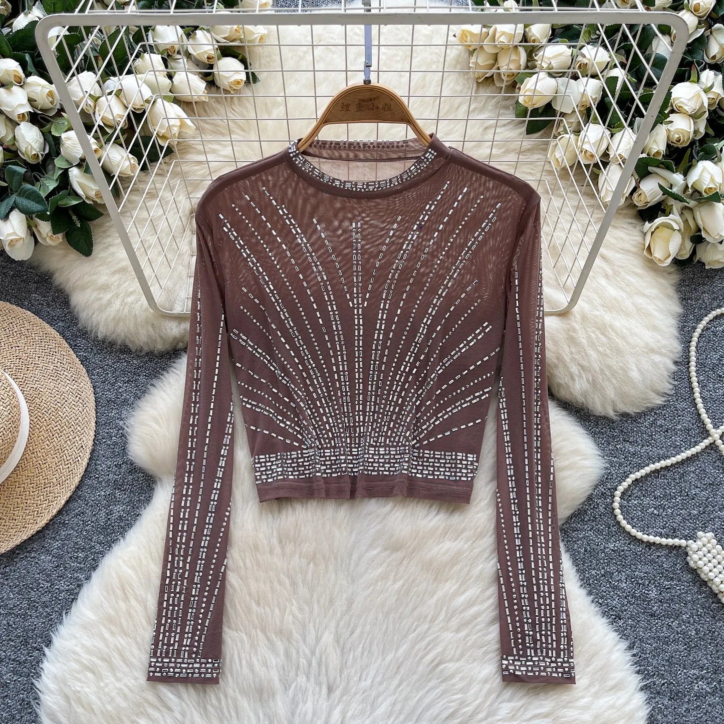 Leopard Print Rhinestone Mesh Long Sleeve Crop Top for Women