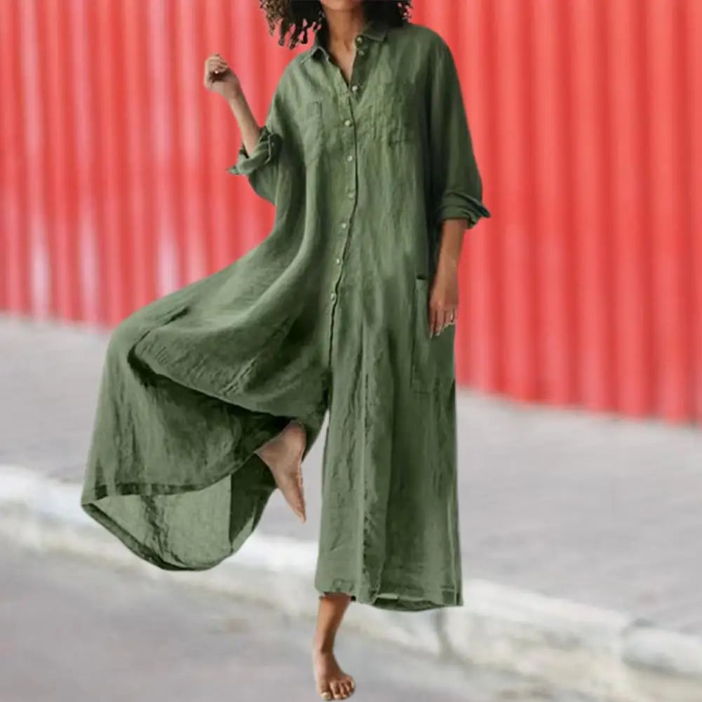 Oversized Cotton Linen Wide Leg Jumpsuit with Pockets for Women