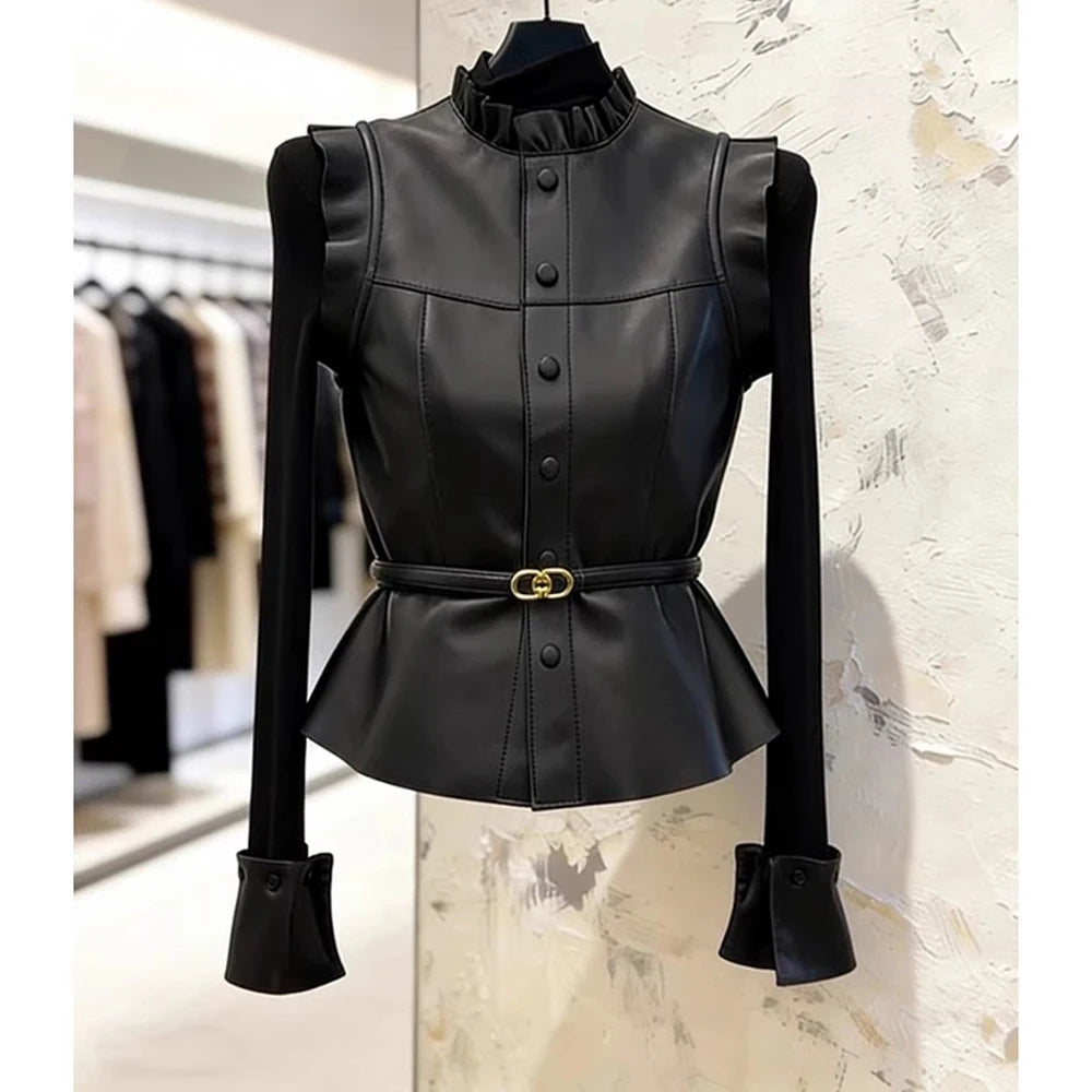 Vintage Black Ruffle Single Breasted Sleeveless Vest For Women