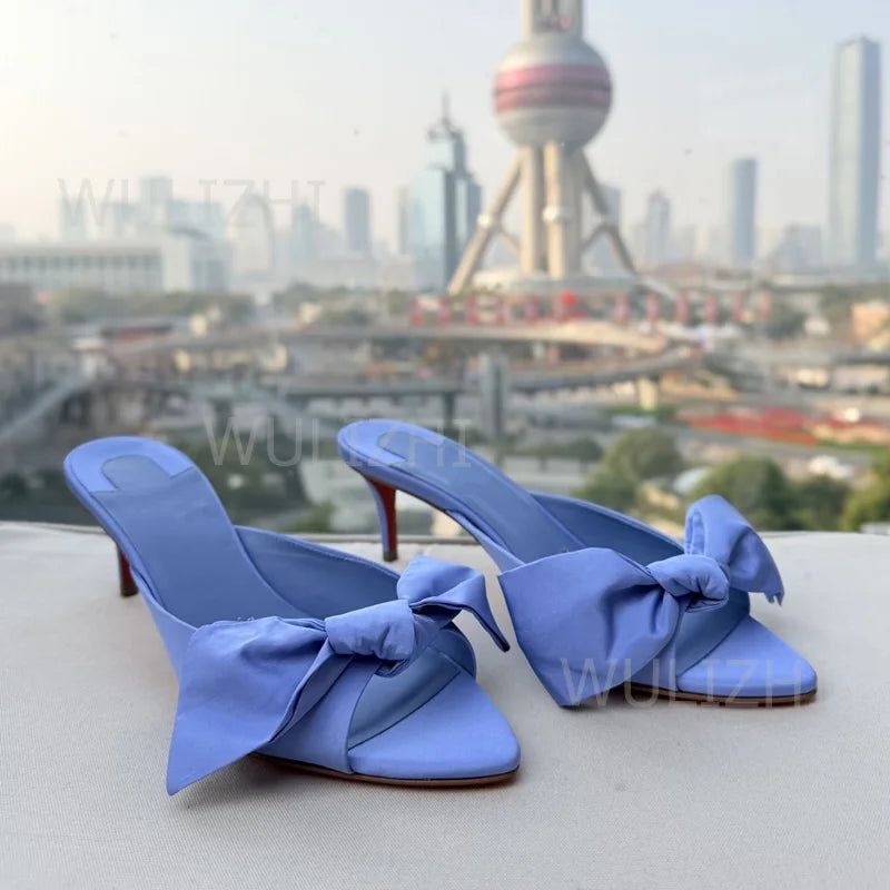 Blue Silk Bow Leather Knotted Open Toe Sandals for Women