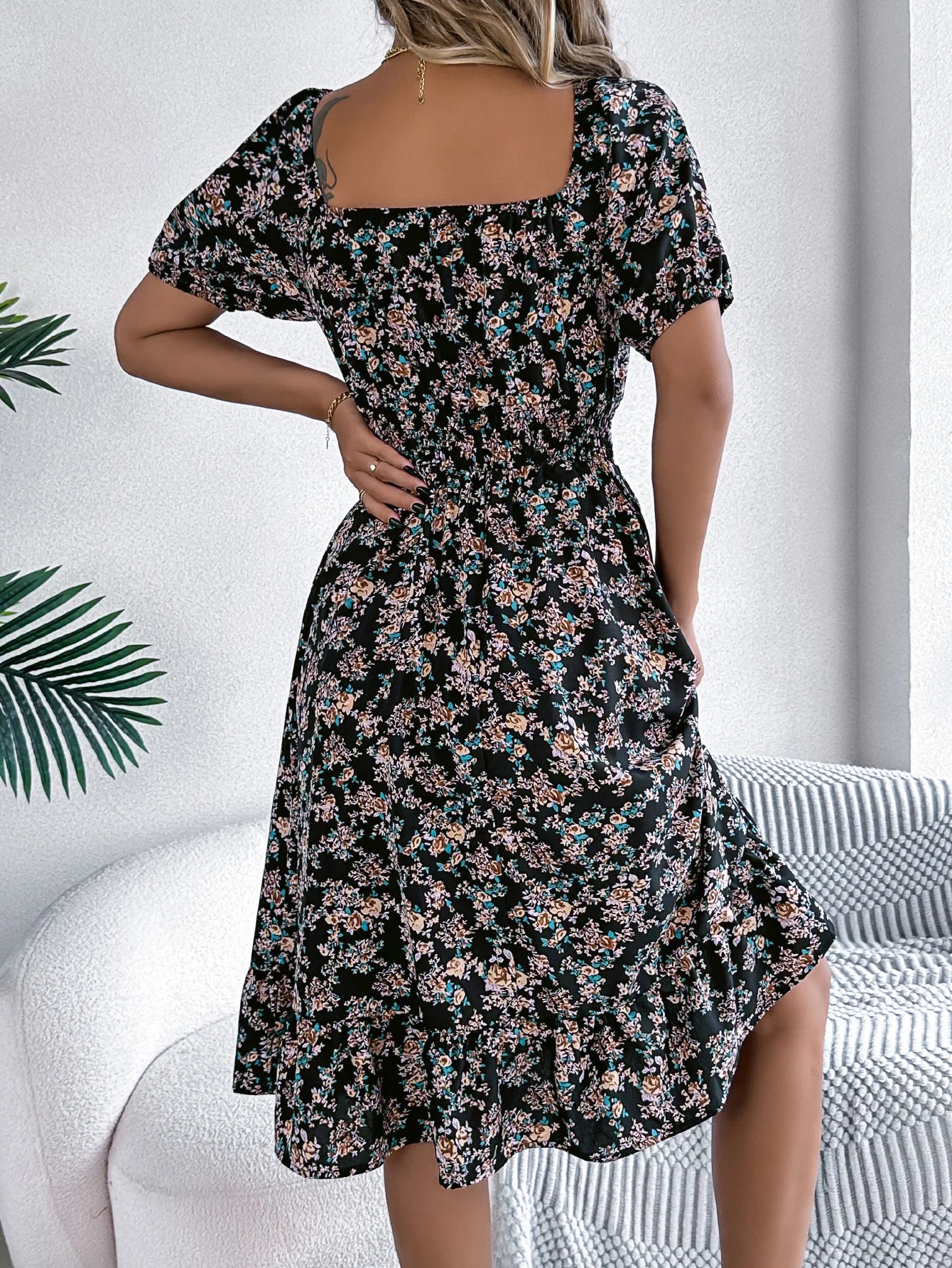 Floral Square Neck Short Sleeve High Waist Swing Dress for Women