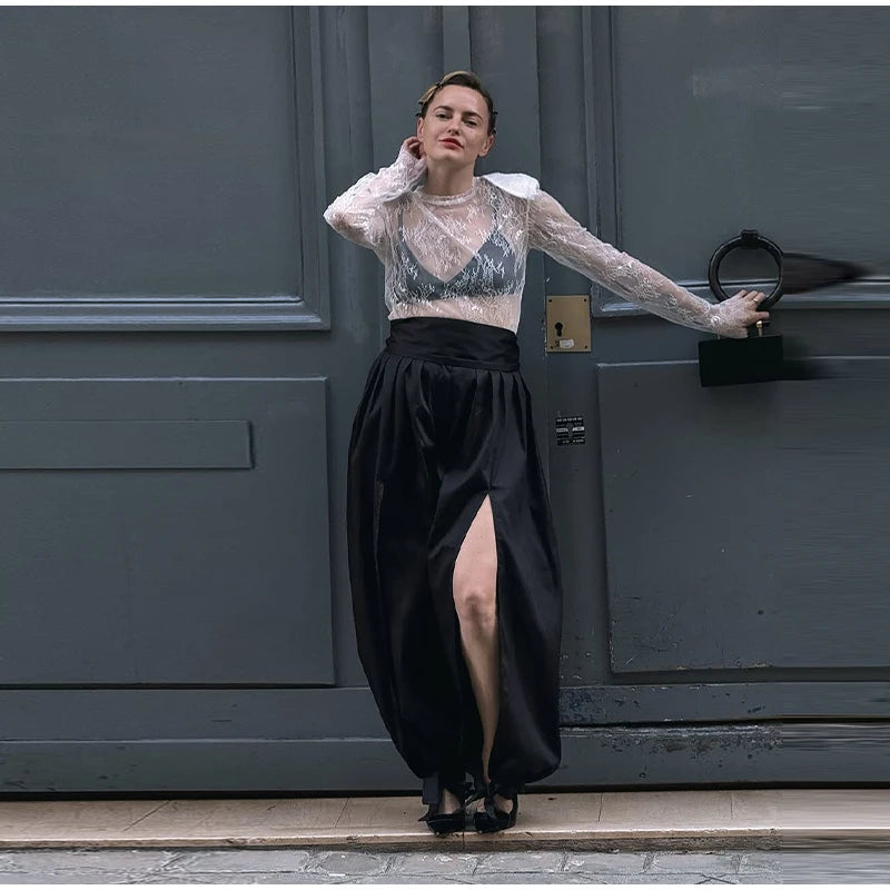 Sheer Lace Long Sleeve Blouse With Shoulder Pads for Women