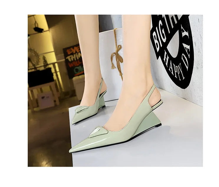 Patent Leather Wedge Heel Pumps With Back Strap for Women
