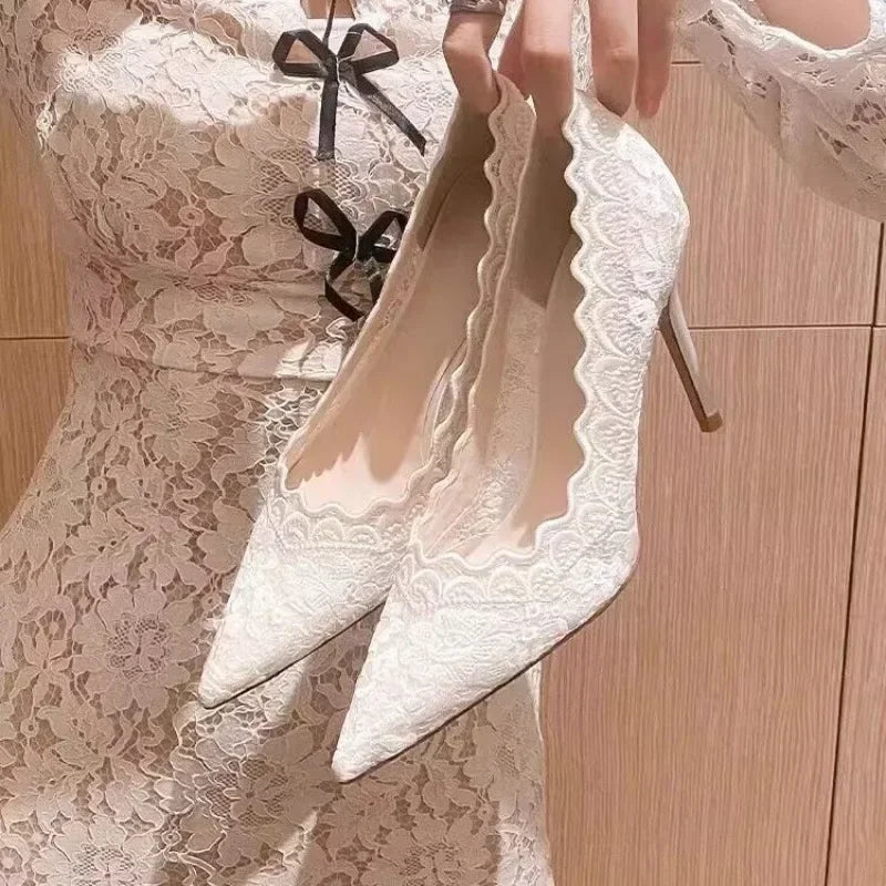 Pointed Lace Mesh Wedding Pumps With Thin Heels for Women