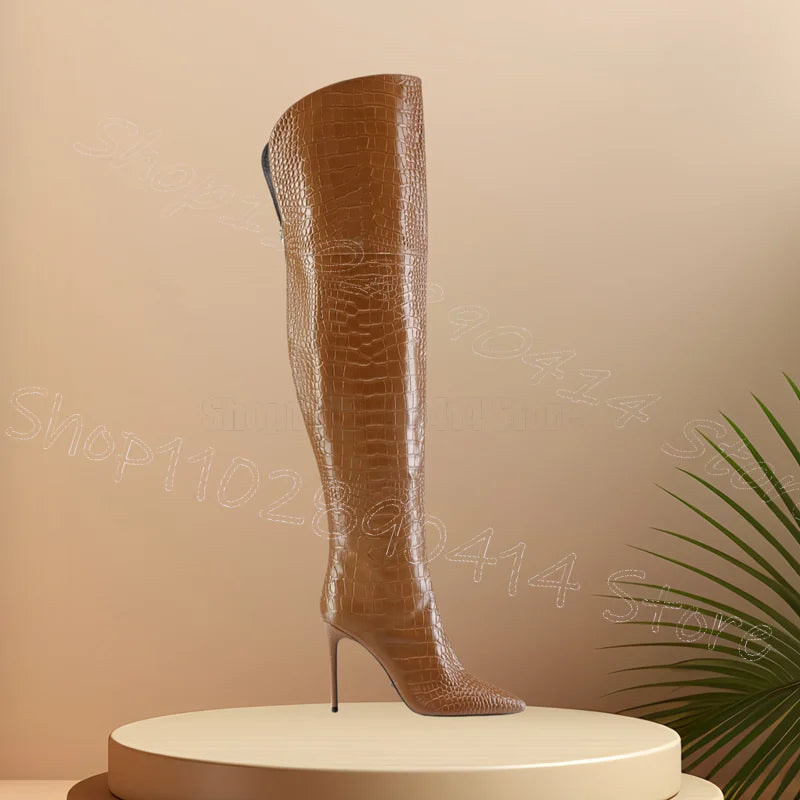 Brown Crocodile Print Pointed Toe High Heel Boots for Women