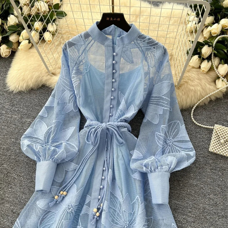 Elegant Embroidered Lantern Sleeve Midi Dress for Women