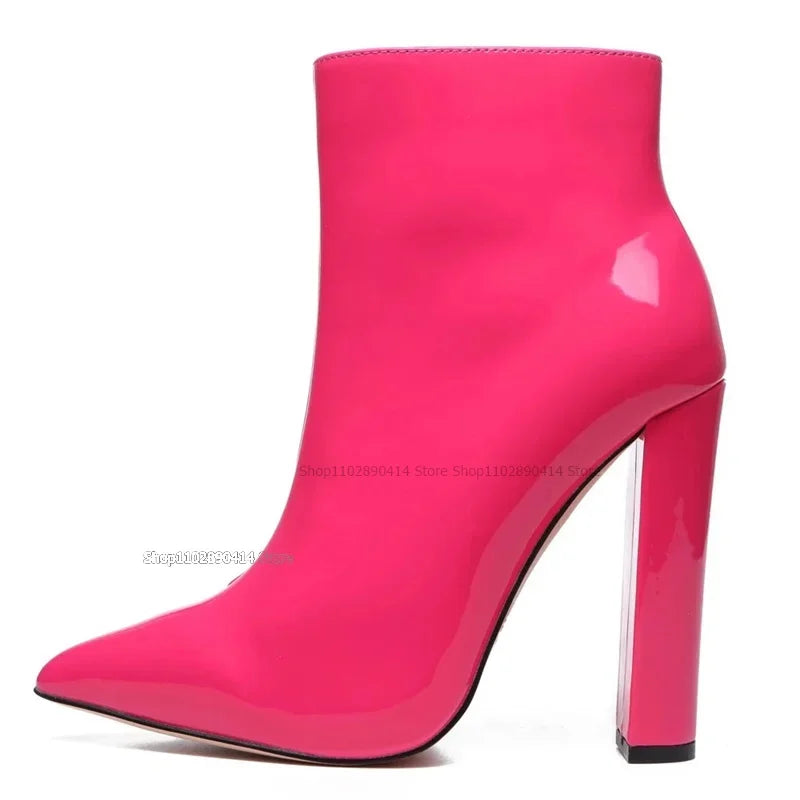 Rose Red Patent Leather Pointy Toe Mid Calf Boots For Women