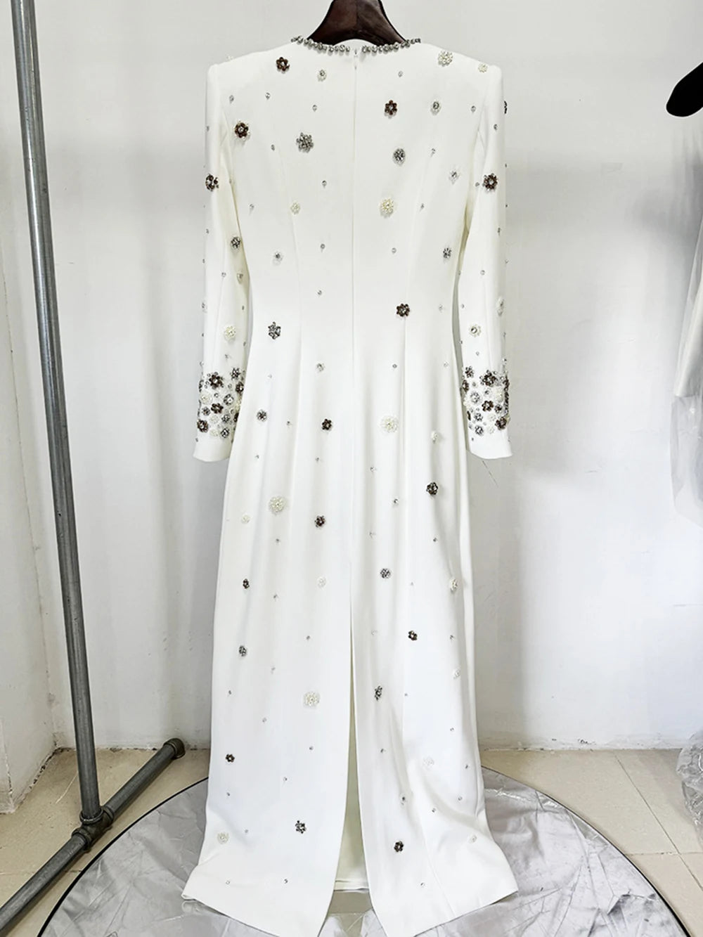 Modphy High-Quality Shiny Diamond Bead Slim Formal Maxi Dress Women'S Long Sleeved O-Neck Elegant Celebrity Evening Runway Gowns