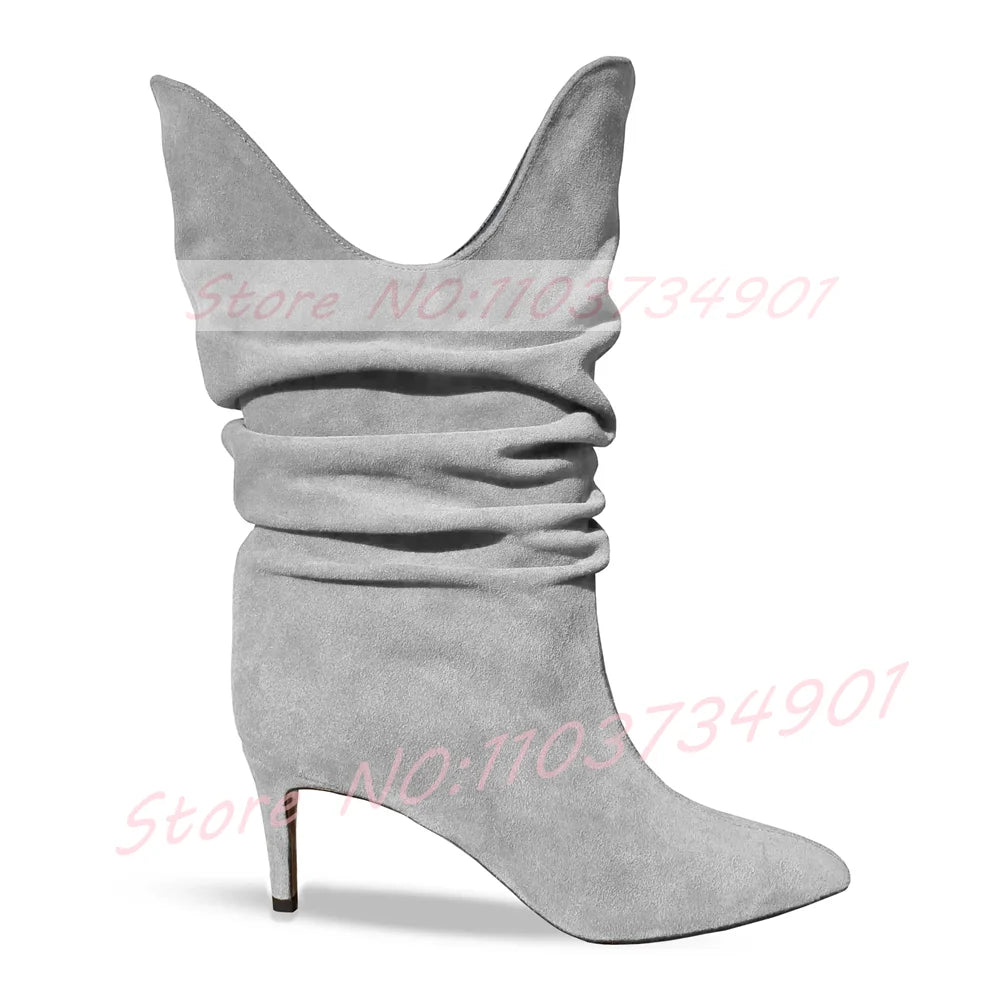 Fuchsia Pleated Pointy Toe High Heel Suede Ankle Boots For Women