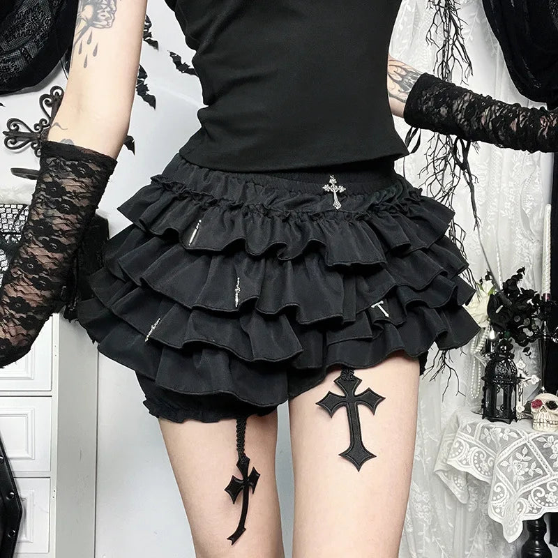 FAGADOER Punk Gothic Sexy Fur Leather Patchwork 2 Pieces Set for Woman Sleeveless Backless Tops and Bubble Puff Skirt Streetwear