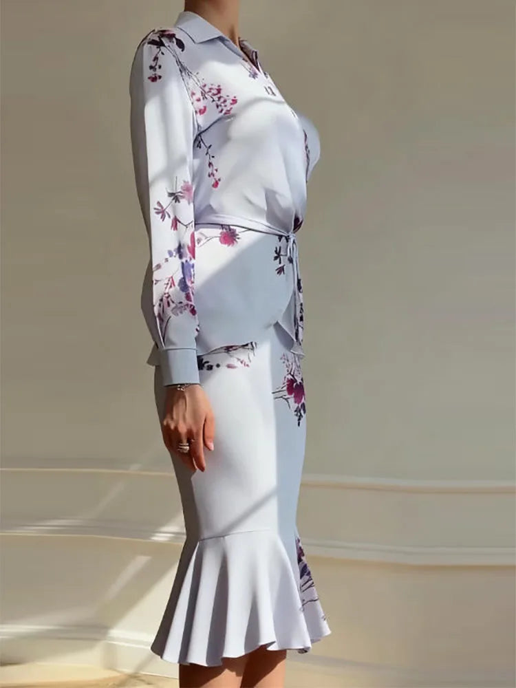 Lace-Up Lapel Zip-Up Skirt Set
