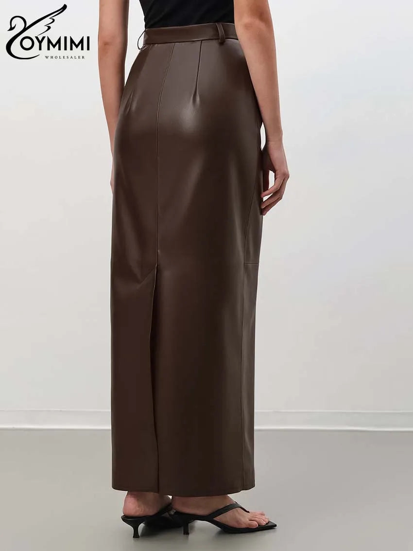 Oymimi Vintage Brown Pu Leather Skirts For Woman Elegant High Waisted Straight Skirts Casual Simple Ankle-Length Skirt Female