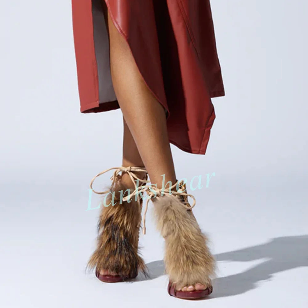 Open Toe Beige Suede Cutout Lace Up Faux Fur Trim Sandal Boots New for Women