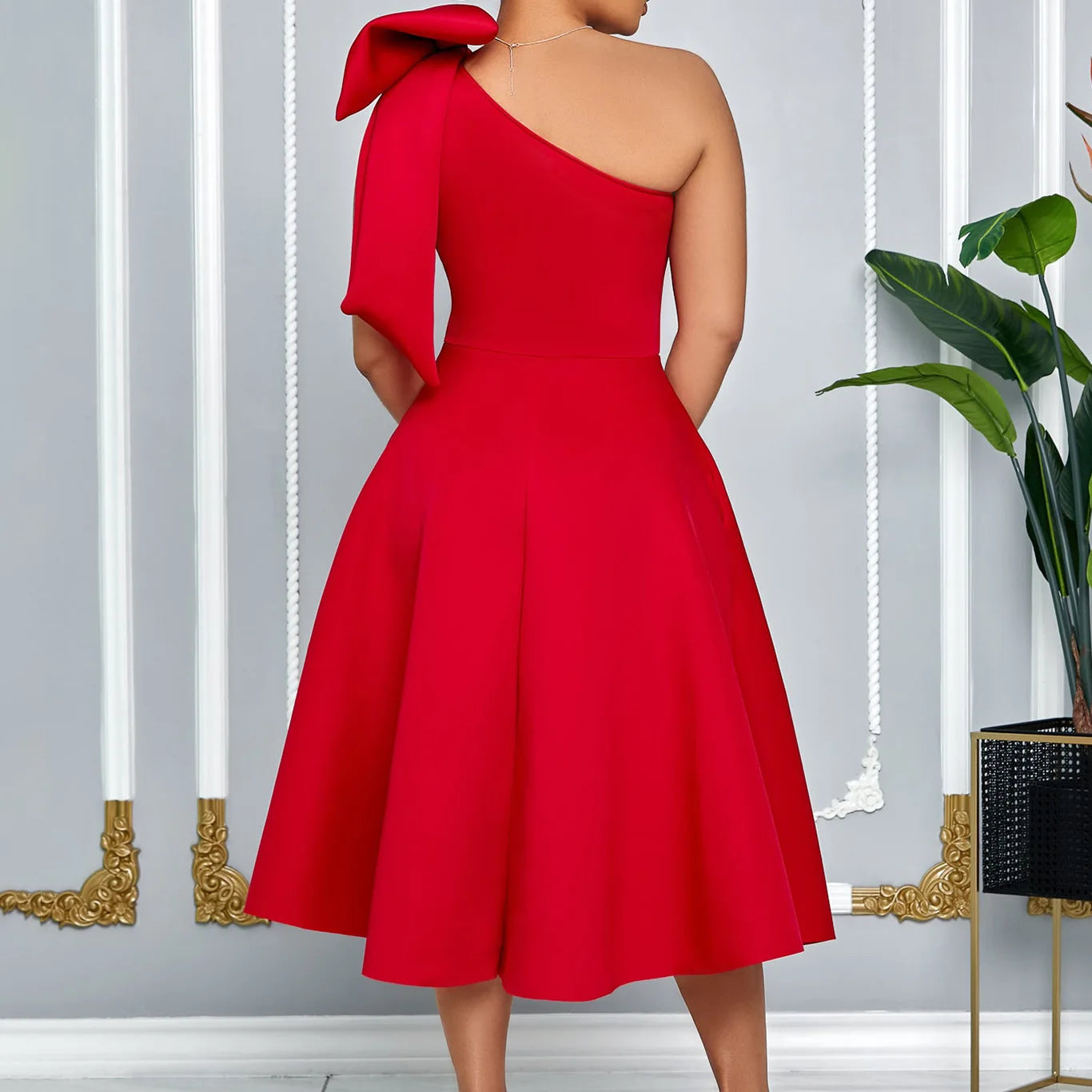 Dress One Shoulder A Line Pleated Knee Length Sleeveless Bow Belt Elegant Party Style