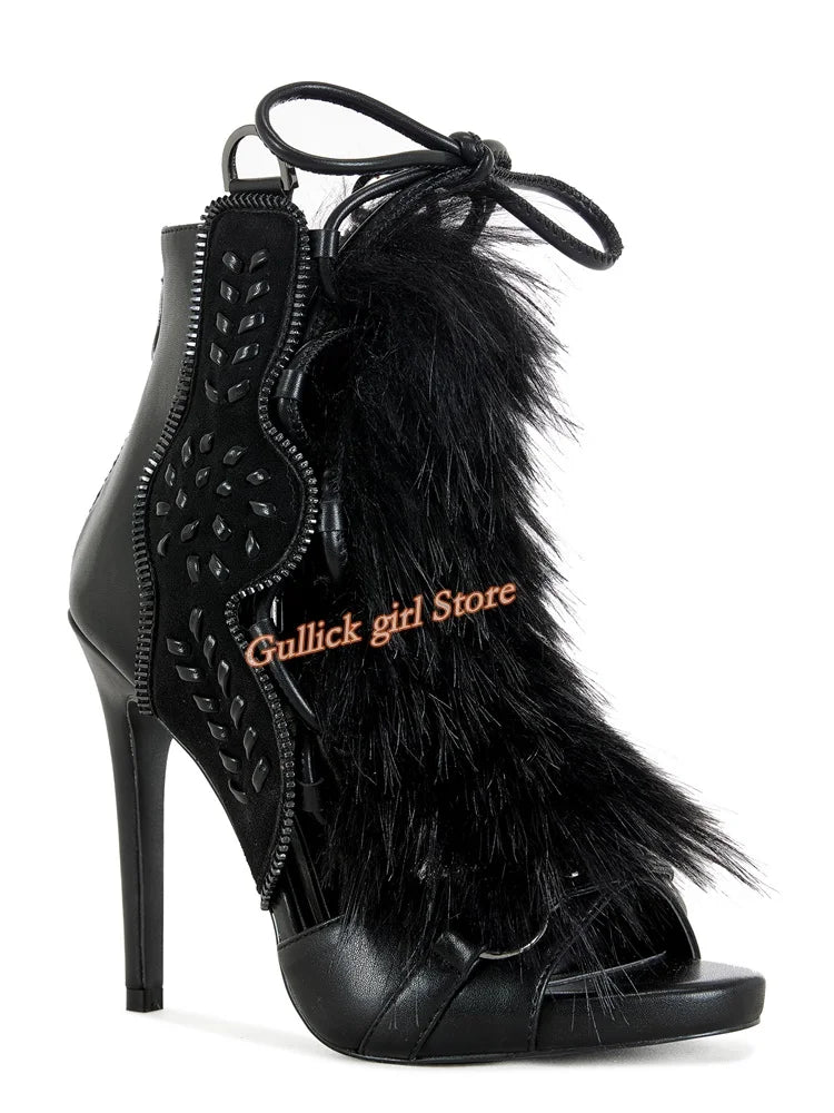 Faux Fur Open Toe Knee High Sandal Boots for Women