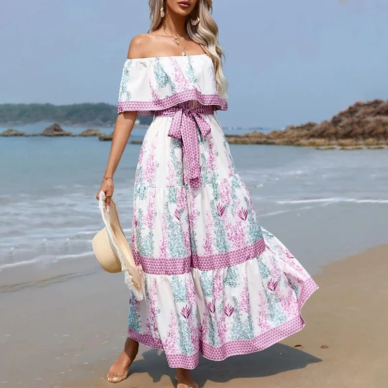 Floral Print Off Shoulder High Waist Dress for Women