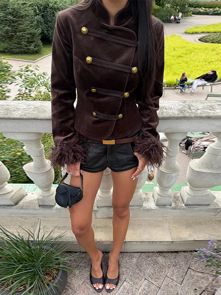 Feather Patchwork Double Breasted Stand Collar Coat for Women