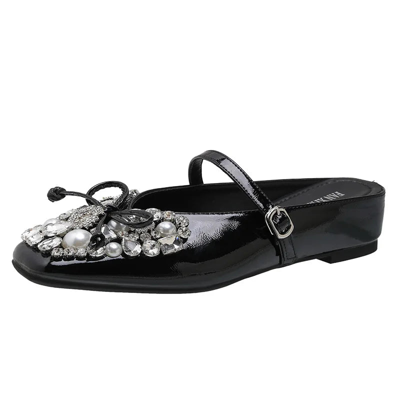 Pearl Bow Embellished Square Toe Flat Shoes For Women