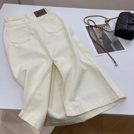Beige Denim High Waist A Line Midi Skirt