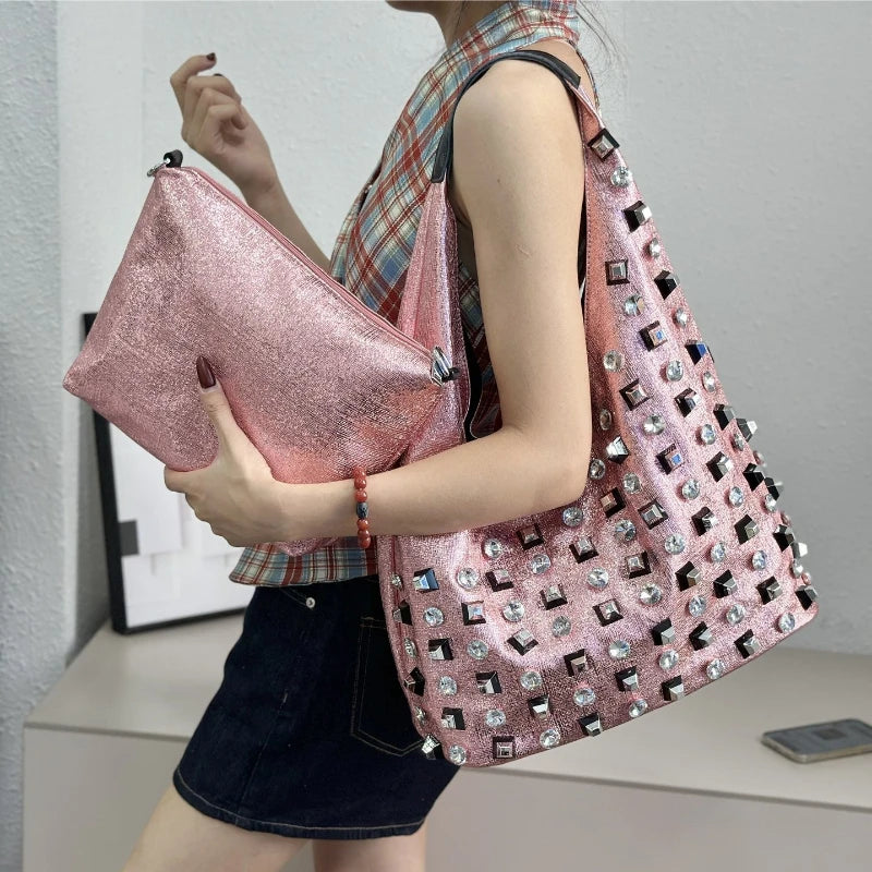New Women's Diamond Handbag Luxury Brand Fashion Diamond Women's Shoulder Bag Large Capacity Shiny 2-piece Set Women's Bag