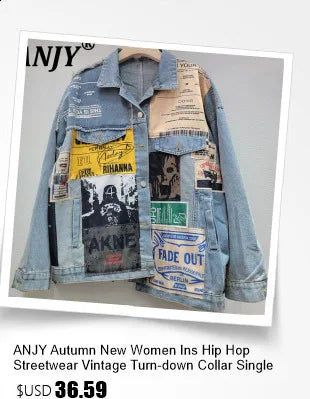 ANJY Autumn New Women Vintage Streetwear Ins Stylish Denim Patchwork Single Breasted Coat Casual Elegant Asymmetric Blazer A8421