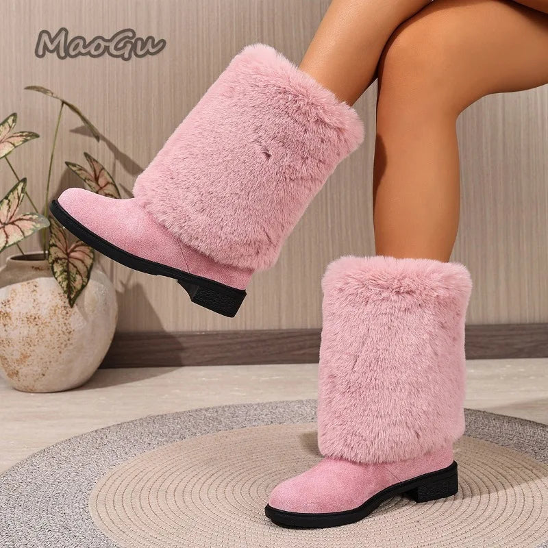 Plush Faux Fur Slip On Mid Calf Winter Snow Boots For Women