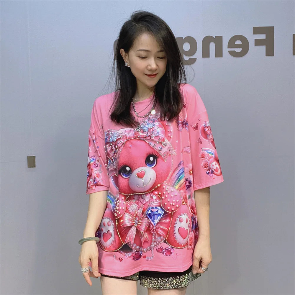 Cartoon Bear Heavy Industry Bead Crew Neck Short Sleeve T-Shirt Summer Printed Fashion Half Sleeve Top Women's Clothing
