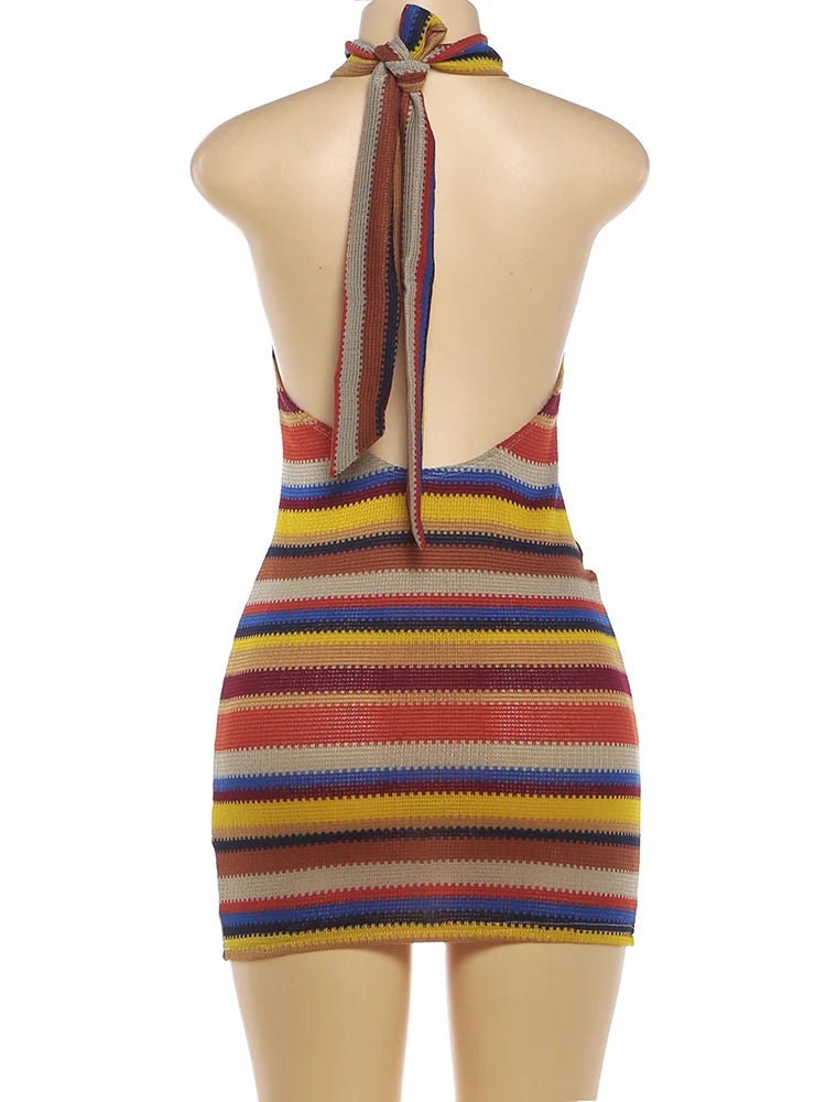 Patchwork Stripe Bodycon Halter Backless Mini Dress for Women