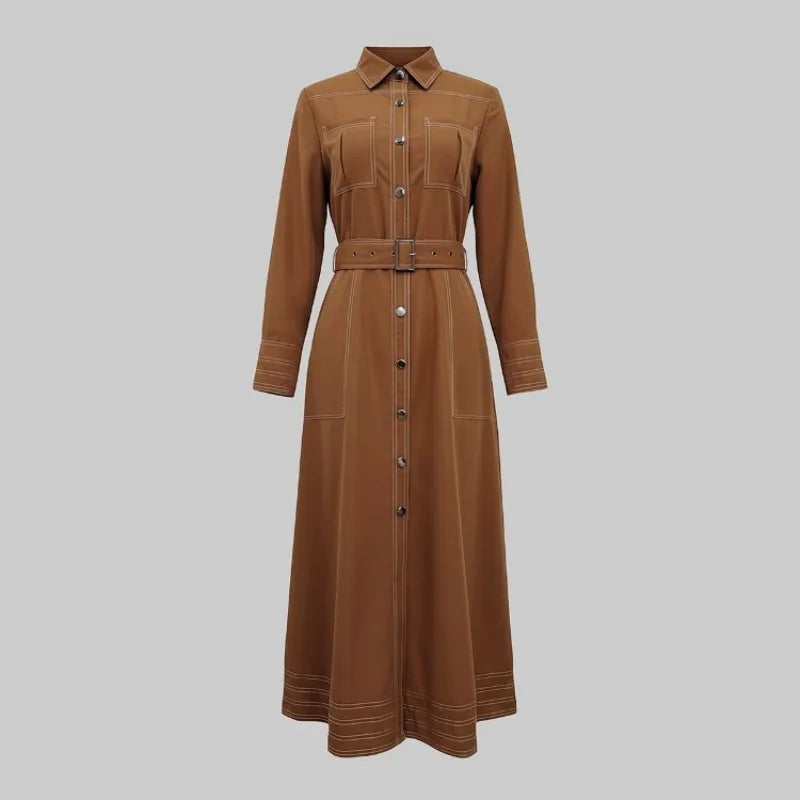 Women Lapel Collar Long Sleeves Contrast Stitch Pocket Belted Midi Dresses Elegant Vintage Casual Office Workwear Shirt Dress
