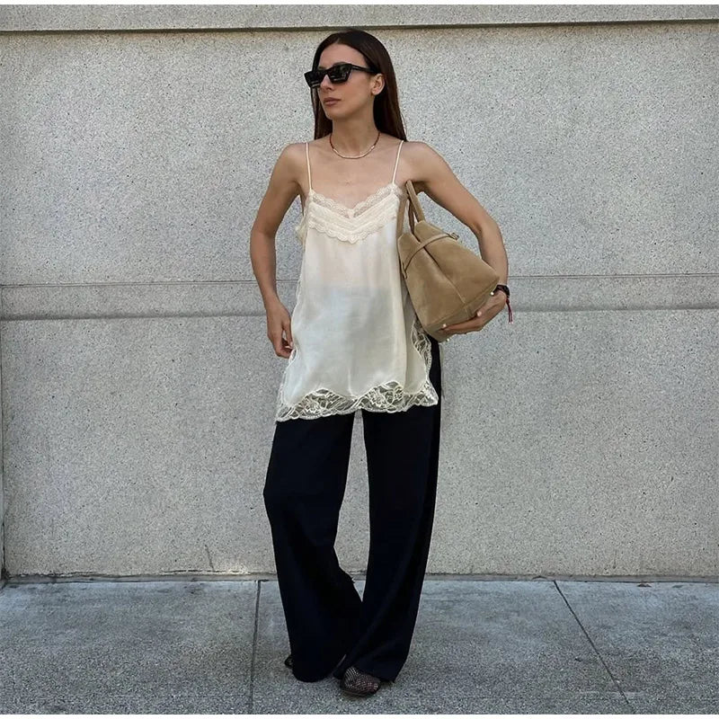 Brown Satin Lace Splicing Sling Dress Women Elegant Irregular Hem V Neck Backless Sleeveless Gown Chic Women Party Club Vestidos