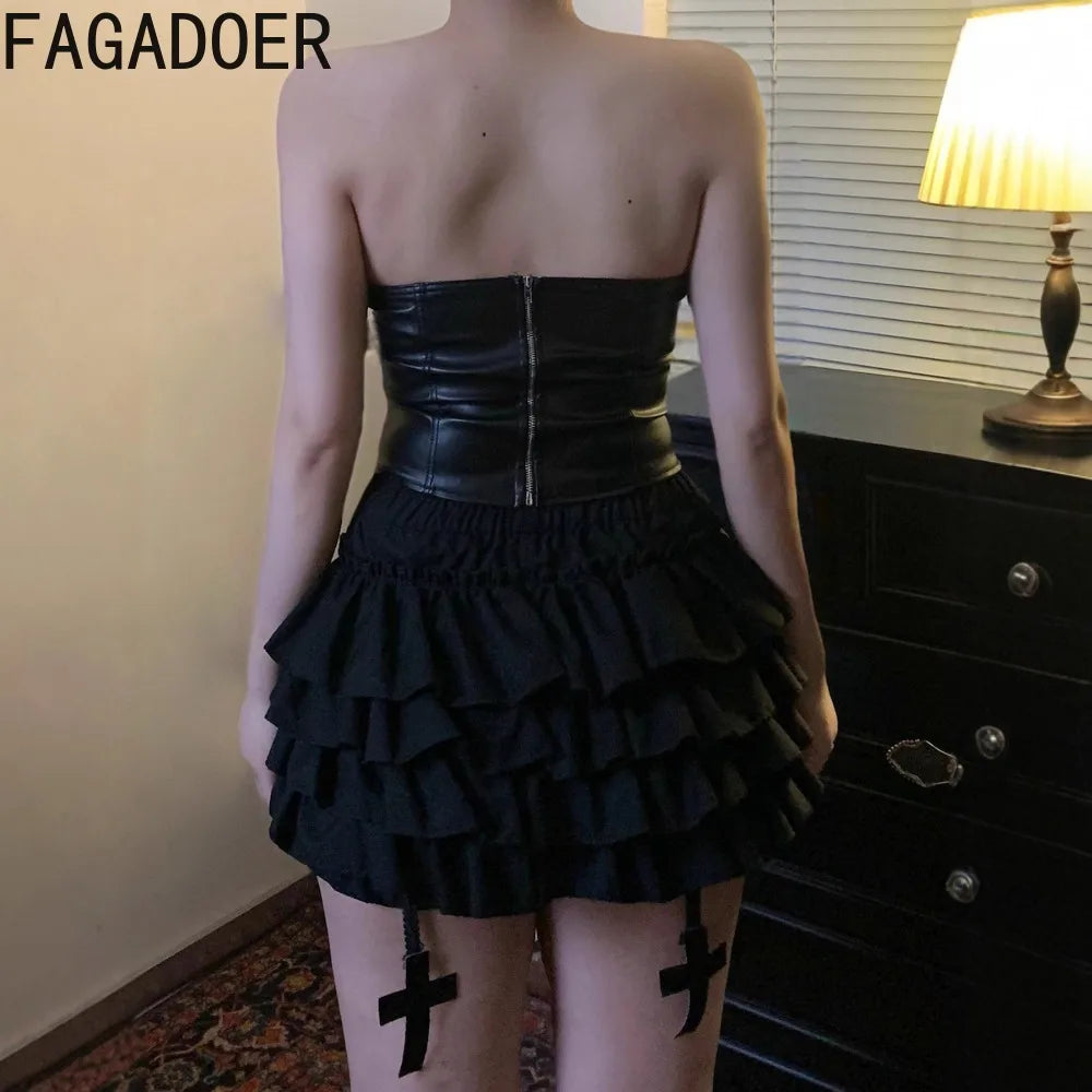 FAGADOER Punk Gothic Sexy Fur Leather Patchwork 2 Pieces Set for Woman Sleeveless Backless Tops and Bubble Puff Skirt Streetwear