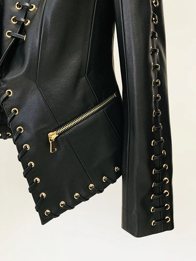 Mandarin Collar Lace-Up Faux Leather Jacket for Women
