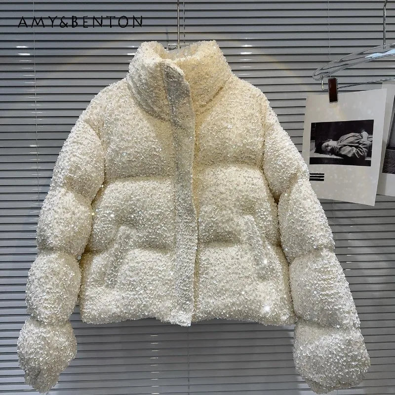 2025 Winter New Sweet And Cool Hot Girls Sparkling Beads Heavy Industry Warm Bread Jacket Down Coat Women's Solid Color Parkas