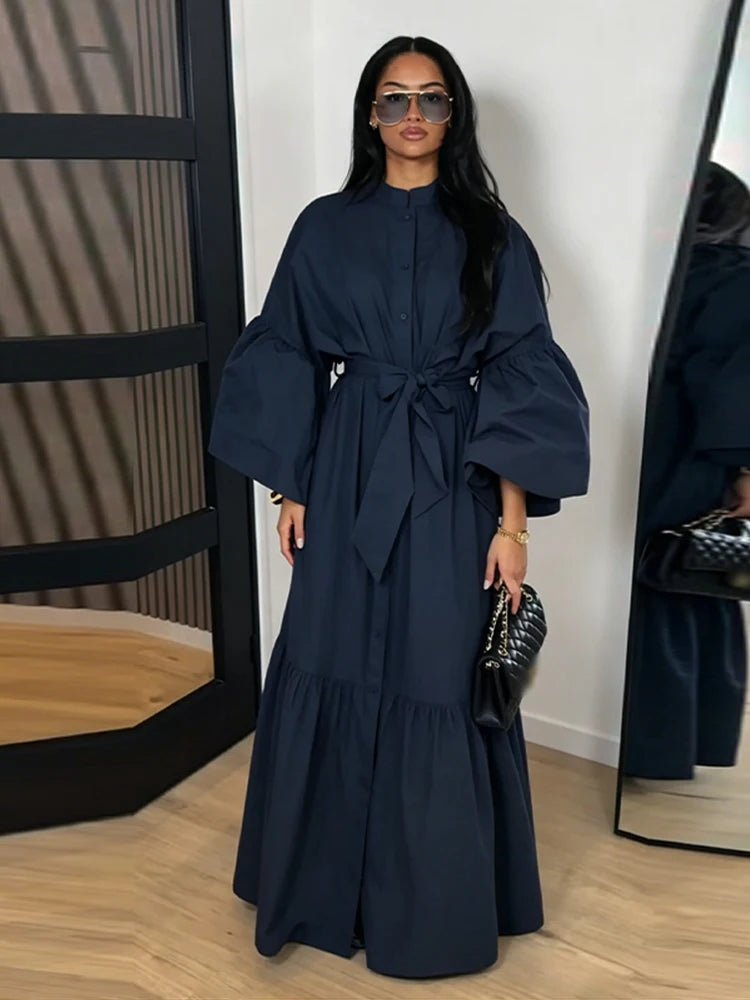 Casual Belted Long Lantern Sleeve Button Dress for Women