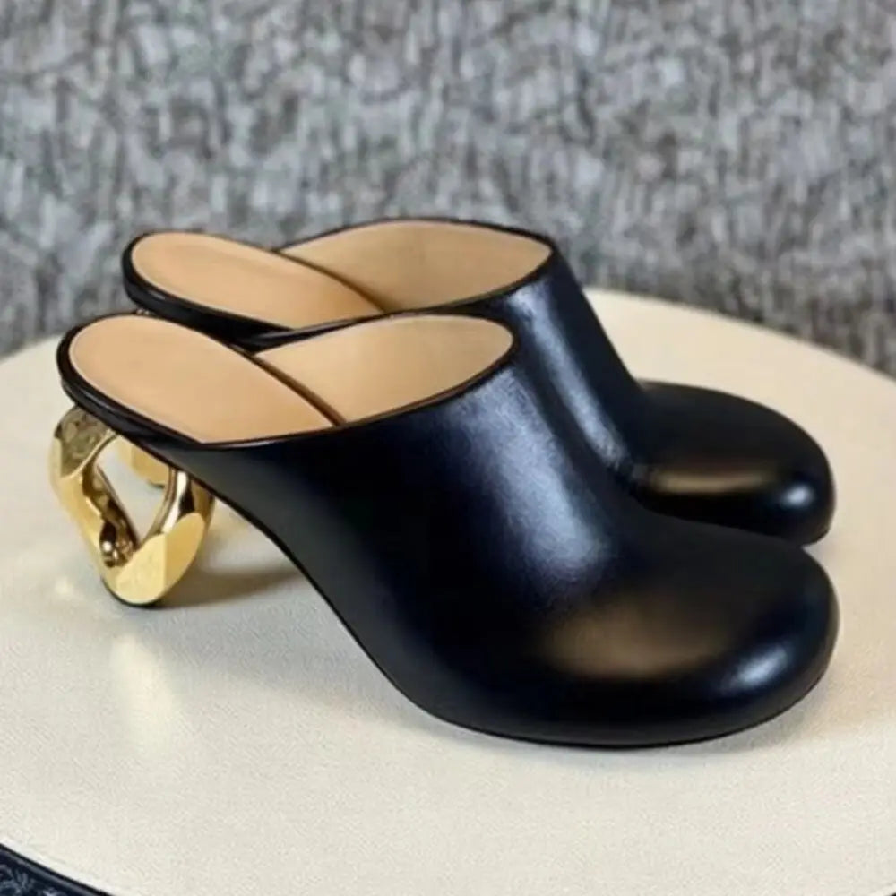 Black Leather Backless High Heels