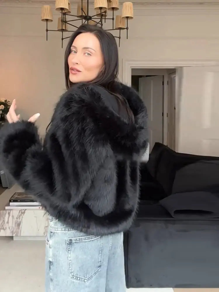 Winter Warm Hooded Faux Fur Long Sleeve Coat with Zipper for Women