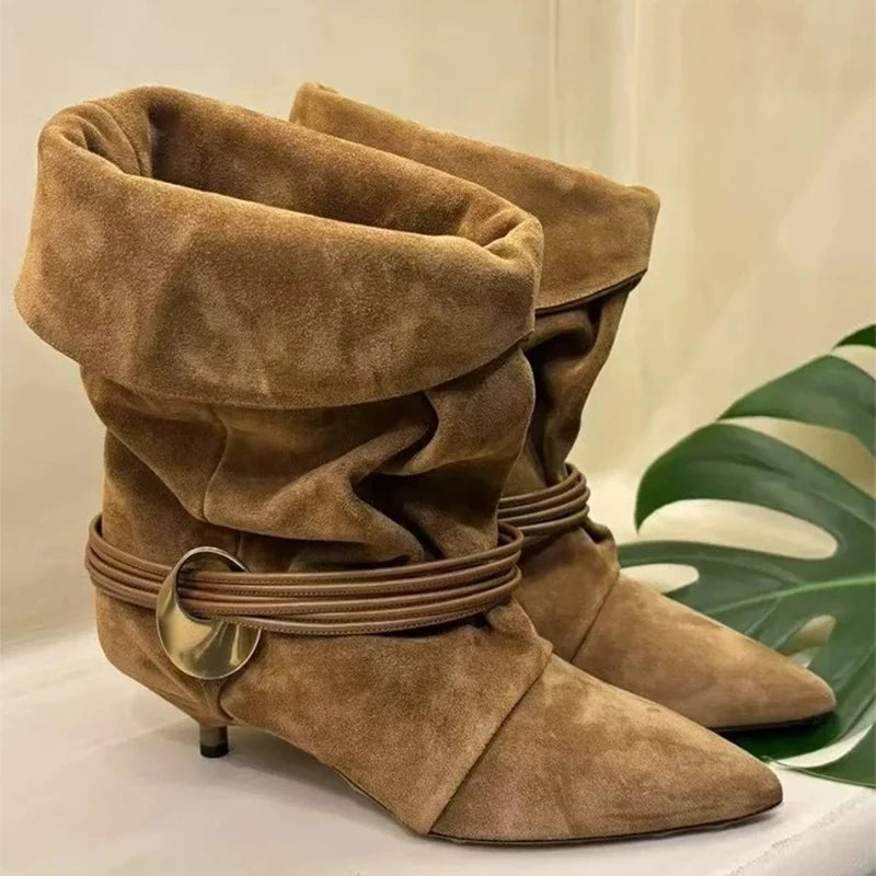 Vintage Stiletto Low Heel Boots Women's Fashion Brand Pleated Ankle Boots Brown Pointed High-end Texture New Cowboy Boots Shoes