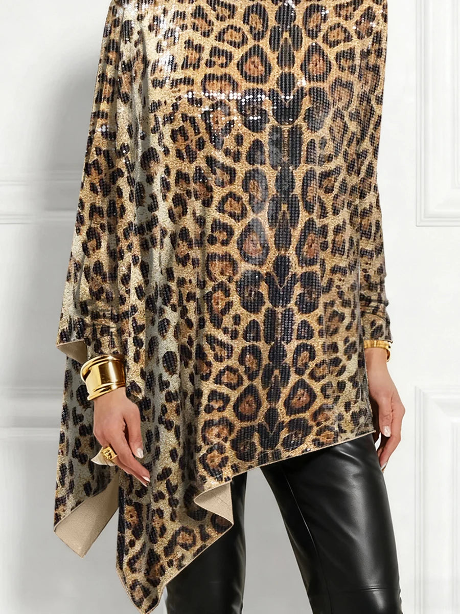 Elegant Leopard Sequin High Neck Long Sleeve Blouse for Women