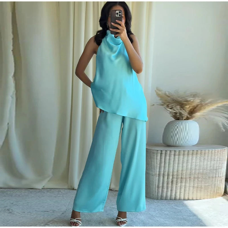 Turquoise Satin Cowl Neck Halter Top And Wide Leg Pants 2 Piece Set For Women