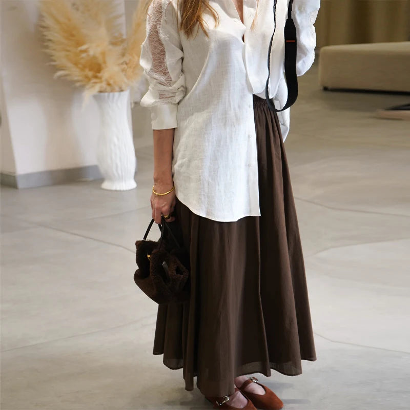 Elegant Lace Patchwork Long Sleeve Top With Turn Down Collar for Women